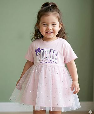Babyhug Cotton Knit Half Sleeves Frock With Cutie Print - Pink