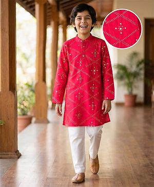 Pine Kids Woven Full Sleeves Kurta Pajama Set with Sequin Detailing - Red
