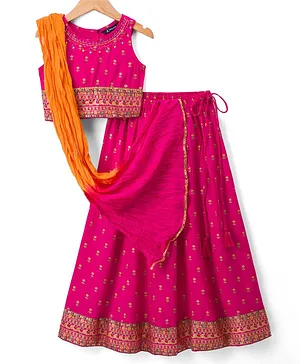 Pine Kids Viscose Woven Sleeveless
                              Lehenga Choli & Dupatta With Floral
                              Print & Embroidery - Pink
