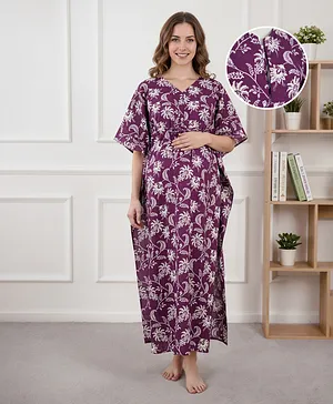 Bella Mama Cotton Woven Half Sleeves
                              Maternity Nursing Kaftan With Floral Print
                              - Purple