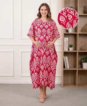Bella Mama Cotton Woven Half Sleeves
                              Maternity Nursing Kaftan With Floral Print
                              - Red
