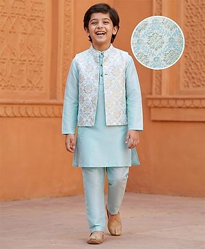 Pine Kids Woven Full Sleeves Kurta Pajama & Jacket Set With Floral Embriodery - Light Blue