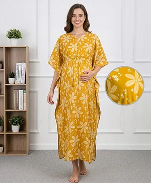 Bella Mama Cotton Woven Half Sleeves
                              Maternity Kaftan With Floral Print -
                              Yellow