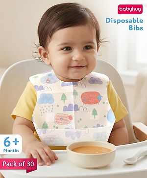 Babyhug Triple Layer Disposable Feeding Bibs Pack of 30| Waterproof| Crumb Catcher Pocket| Travel Friendly| Hygienic & Easy to Wear| Single Use Bibs for 6+ Months Babies