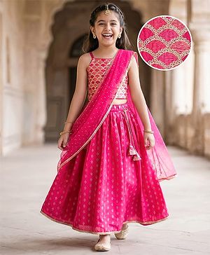 Pine Kids Woven Sleeveless Choli Lehenga Set with Dupatta Embroidery & Foil Print - Pink