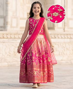 Pine Kids Woven Sleeveless Floral Embroidered Choli Lehenga Set with Dupatta - Dark Pink