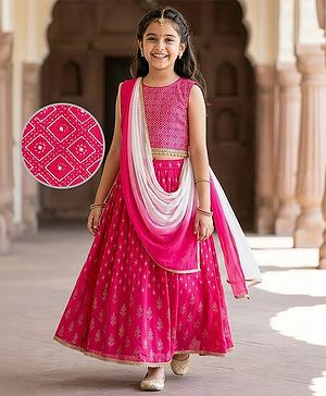 Pine Kids Woven Sleeveless Choli Lehenga Set with Dupatta Glitter Print - Pink