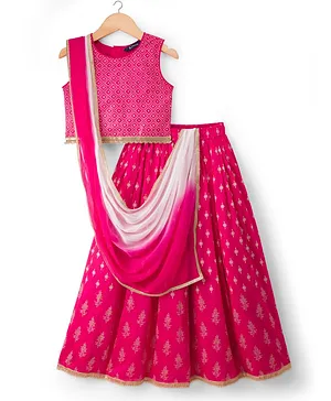 Pine Kids Woven Sleeveless Choli Lehenga Set with Dupatta Glitter Print - Pink