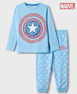 Pine Kids Marvel 100% Cotton Single Jersey Knit Full Sleeves T-Shirt & Pajama Night Suit with Captain America Graphic Print - Light Blue
