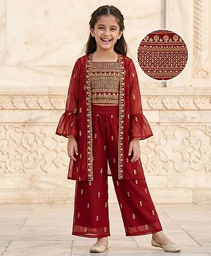 Pine Kids Woven Full Sleeves Indo Western Set With Floral Foil Print - Maroon