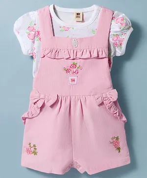 ToffyHouse Cotton Knit Half Sleeves
                              T-Shirt & Dungaree with Floral
                              Embroidery and Print and Frill Detailing -
                              Pink & White
