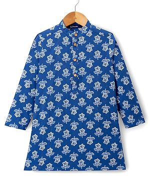 Pine Kids 100% Cotton Woven Full Length Floral Printed Kurta - Navy Blue