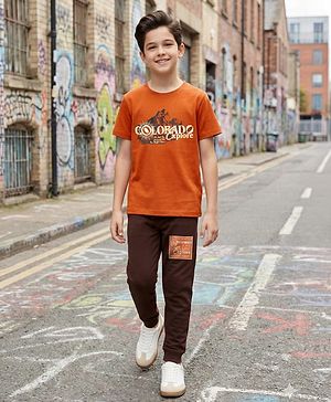 Pine Kids Cotton Knit Half Sleeves T-Shirt & Joggers Set with Text Print - Rust Orange
