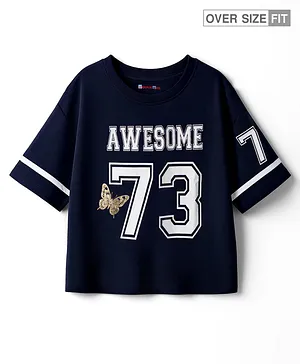 Kookie Kids Single Jersey Knit Drop Shoulder Half Sleeves Oversized T-Shirt With Awesome & Foil Butterfly Print - Navy Blue