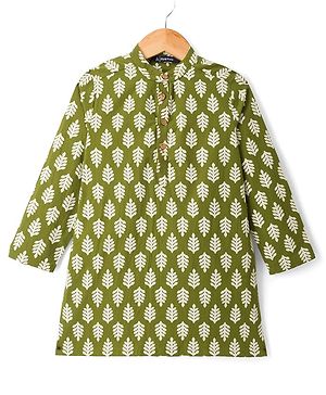 Pine Kids 100% Cotton Woven Full Length Leaves Printed Kurta  - Green
