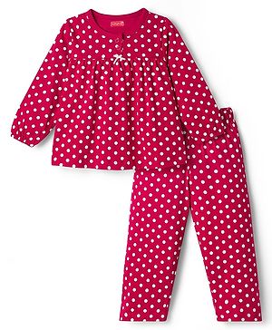 Babyhug Cotton Knit Full Sleeves Co-ords Night Suit with Polka Dot Print - Maroon