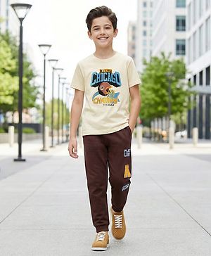 Pine Kids Cotton Knit Half Sleeves T-Shirt & Joggers Set with Text Print - Brown
