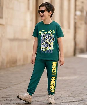 Pine Kids Cotton Knit Half Sleeves T-Shirt & Lounge Pant Set with Text Graphic - Green