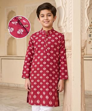 Pine Kids Cotton Woven Full Sleeves Kurta with Floral Print - Red