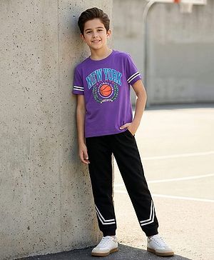 Pine Kids Cotton Knit Half Sleeves T-Shirt & Joggers Set with Text Print - Purple