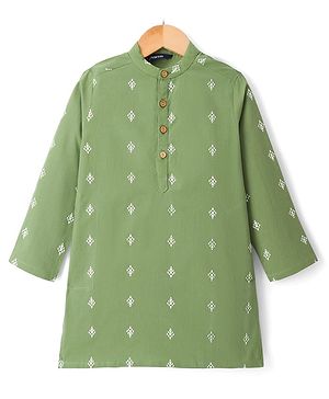 Pine Kids 100% Cotton Woven Full Length Printed Kurta - Olive Green