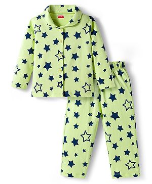 Babyhug Cotton Knit Full Sleeves Front Open Co-ords Night Suit with Star Print - Limegreen