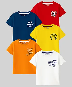 KUCHIPOO Cotton Knit Pack Of 5 Half
                              Sleeves Air Force & Football Text
                              Printed Tees - Red Blue Yellow Orange
                              & White