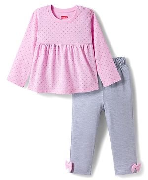 Babyhug Cotton Knit Full Sleeves Night Suit With Polka Dot Print - Pink & Grey