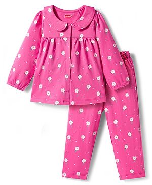 Babyhug Cotton Knit Full Sleeves Co-ords Front Open Night Suit with Floral Print - Pink
