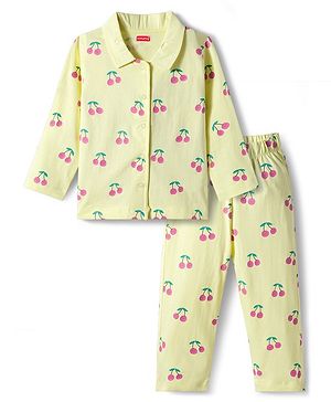 Babyhug Cotton Knit Full Sleeves Co-ord Night Suit With Cherry Print - Yellow
