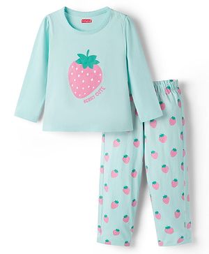 Babyhug Cotton Knit Full Sleeves Night Suit with Strawberry Print - Mint
