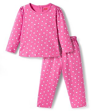 Babyhug Cotton Knit Full Sleeves Co-ords Night Suit with Heart Print - Pink