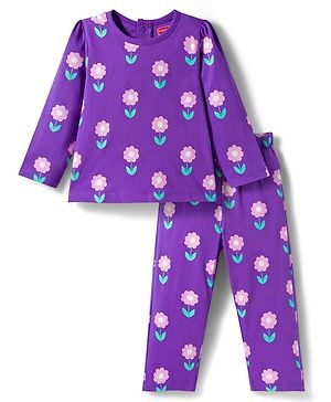 Babyhug Cotton Knit Full Sleeves Co-ords Night Suit with Floral Print - Purple