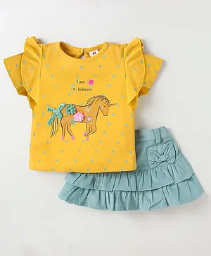 ToffyHouse Cotton Knit Half Sleeves
                              Top & Skirt Set With Horse Print &
                              Floral Applique - Yellow
