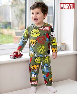 Babyhug Disney 100% Cotton Knit Full Sleeves Co-Ords T-Shirt & Pyjama Night Suit With Disney Character Print - Olive Green