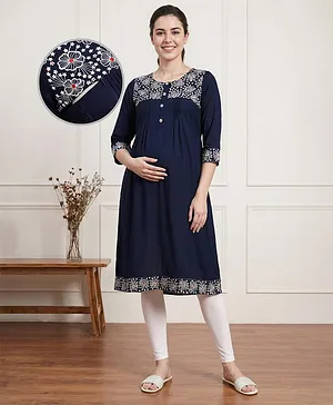 Bella Mama Woven Three Fourth Sleeves
                              Maternity Kurta With Floral Embroidered
                              Yoke - Navy Blue