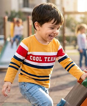 Babyhug Cotton Knit Full Sleeves Striped T-Shirt with Text Print - Yellow