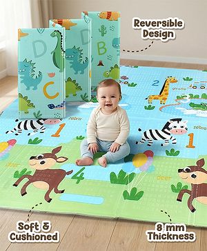 Babyhug Reversible Foldable Dino Theme Learning & Play Floor Mat 180x150 cm|Thickness 8 mm|Waterproof & Soft Foam|Colorful Crawling & Baby Massage Mat|Ideal to Gift|Easy to Fold & Carry| 0-12 Yrs|BIS