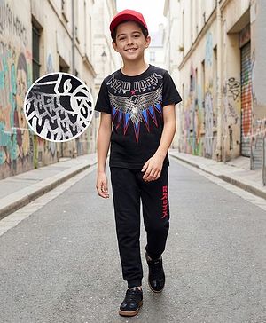 Pine Kids Cotton Knit Half Sleeves T-Shirt & Lounge Pant Set with Text Graphic - Black