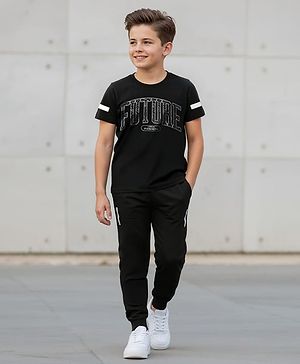 Pine Kids Cotton Knit Half Sleeves T-Shirt & Joggers Set With Future Print - Black