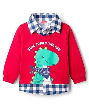 Babyhug 100% Cotton Knit Full Sleeves T-Shirt With Dino Print with Attached Shirt - Red