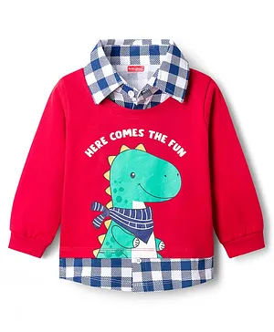 Babyhug Cotton Knit Full Sleeves T-Shirt With Dino Print with Attached Shirt - Red