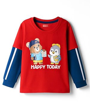 Babyhug Cotton Knit Full Sleeves T-Shirt With Animal Print - Red