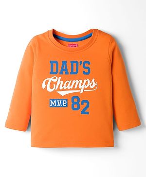 Babyhug Cotton Knit Full Sleeves T-Shirt With Text Print - Orange