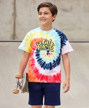 Pine Kids Single Jersey Knit Half Sleeves T-Shirt & Shorts Set with Text Print - Navy Blue