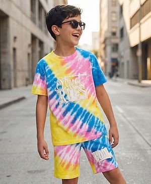 Pine Kids Single Jersey Knit Half Sleeves Co-ords T-Shirt & Shorts Set with Text Graphic - Multicolor