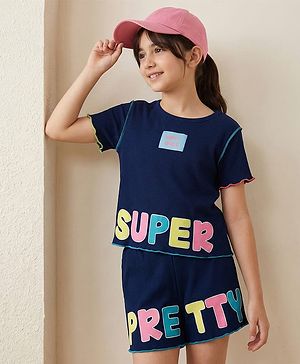 Pine Kids Single Jersey Knit Half Sleeves T-Shirt & Shorts Set with Text Graphic - Navy Blue