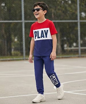 Pine Kids Cotton Knit Half Sleeves Cut & Sew T-Shirt & Lounge Pant Set with Text Graphic - Navy Blue