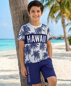 Pine Kids Cotton Knit Half Sleeves T-Shirt & Shorts Set with Beach Theme Print - Navy Blue