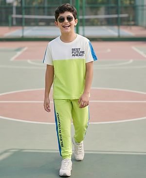 Pine Kids Cotton Knit Half Sleeves T-Shirt & Lounge Pant Set With Text Print - White & Lime Green